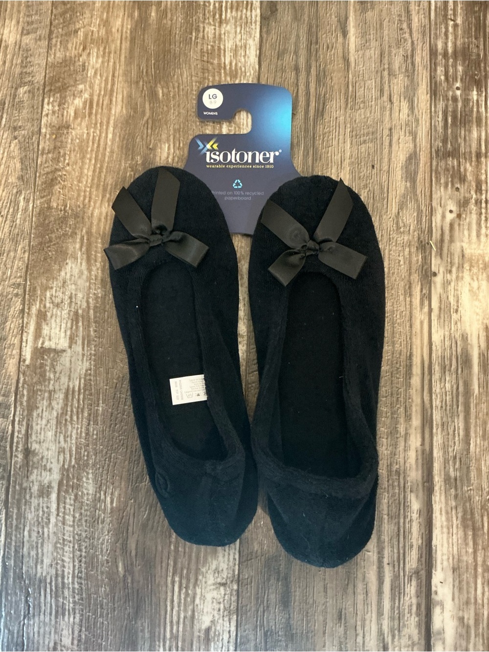 isotoner Black Plush Ballet Slippers with Satin Bows Size 8/9 - Picture 3 of 4